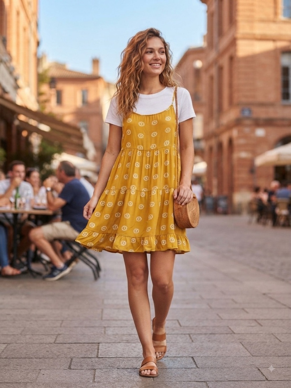 Mossimo Supply Co. Mustard Yellow Daisy Tiered Mini Dress Small